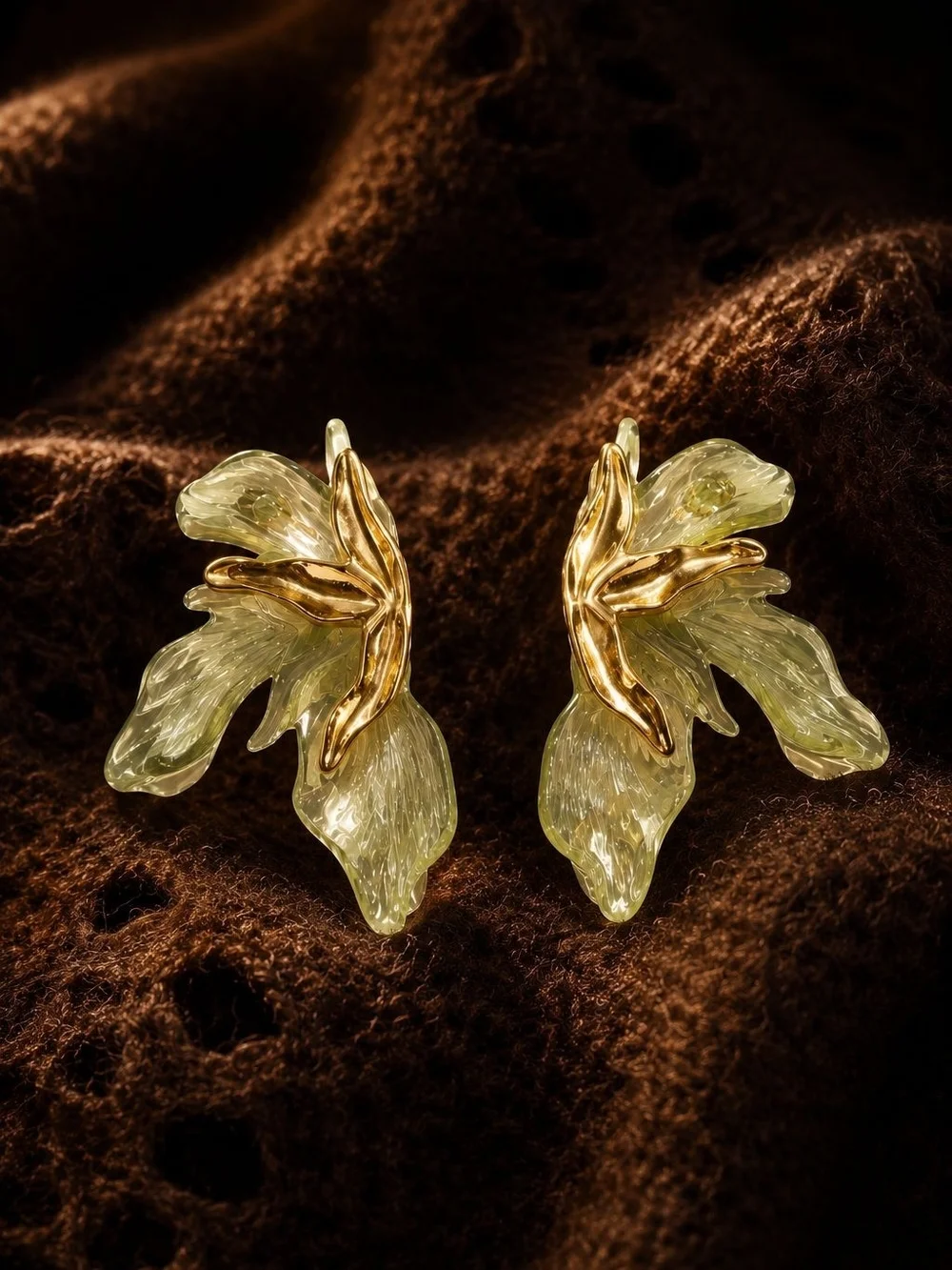 Gold Floral Drop Earrings with Pearlescent Petals